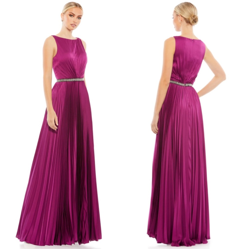 Mac Duggal Fuchsia Pleated Evening Gown with Beaded Waist